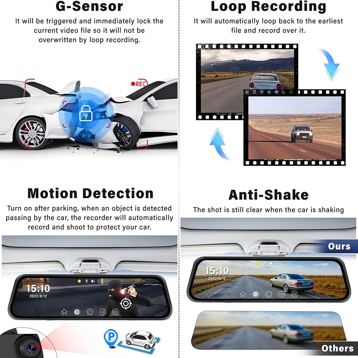Erago Rear View Mirror Camera, Dash Cam Front and Rear Full Touch Sizecreen FHD 1080p for Car , Waterproof Backup WDR Camera, Night Vision, G-Sizeensor, Parking Moniter