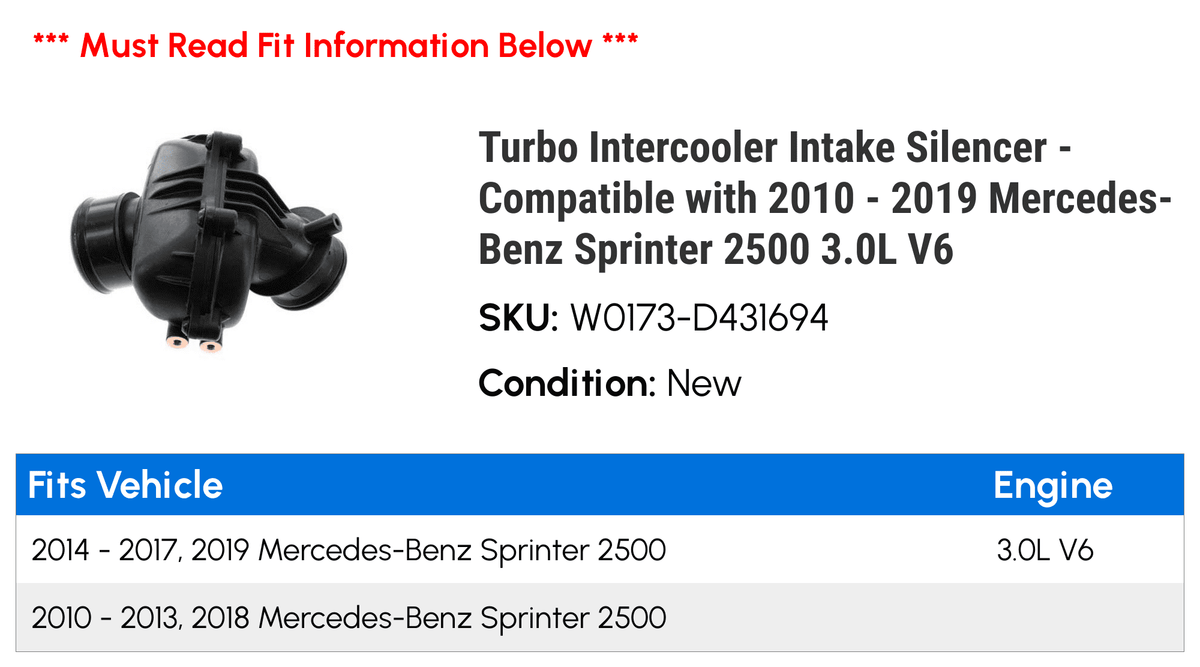 Turbo Intercooler Intake Sizeilencer - Compatible with 2010 - 2019 Mercedes-Benz Sizeprinter 2500 3.0L V6 2011 2012 2013 2014 2015 2016 2017 2018