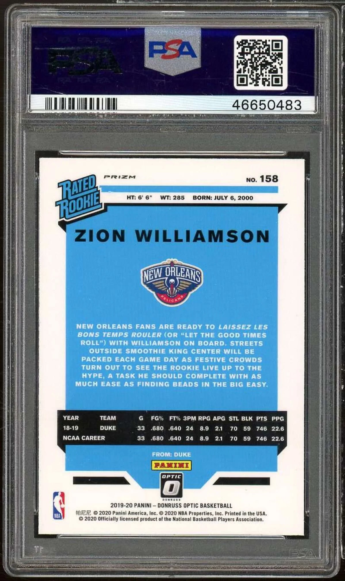 Zion Williamson Rookie Card 2019-20 Panini Donruss Optic Purple #158 PSizeA 10