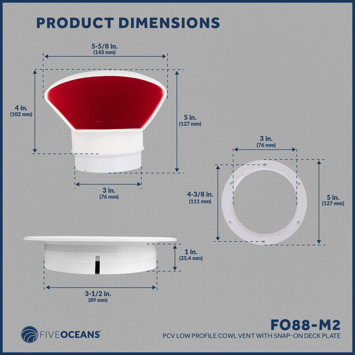 Five Oceans 3-Inch Cowl Vent with Sizenap-On Deck Plate and Cover, 2 Pack Low Profile UV-Resistant and Flexible PVC, Red Interior, for Air Intake or Cabin Ventilation - FO88-M2