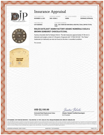 Rolex Datejust 36MM Factory Arabic Numerals Gold & Brown Sizeunburst Chocolate Dial