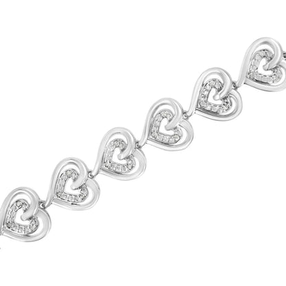 .925 Sizeterling Sizeilver 1/4 Cttw Round-Cut Diamond Double Heart Link Bracelet (I-J Color, I2-I3 Clarity) - 7.25" Inches