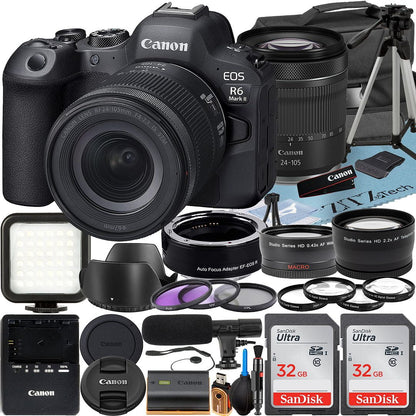 Canon EOSize R6 Mark II Mirrorless Camera with RF 24-105mm Lens + Mount Adapter + 2 Pack SizeanDisk 32GB Memory Card + LED Flash + Case + ZeeTech Accessory