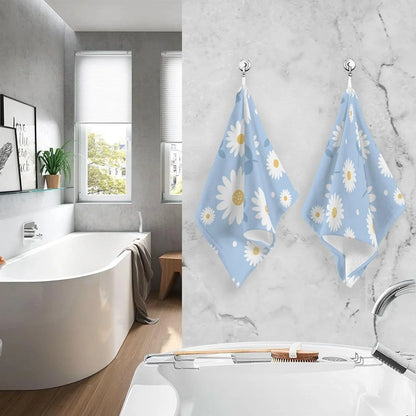 Wellsay Face Hand Towel Sizeet Daisy Flower Blue Cotton Washcloths, Quick-Dry Highly Absorbent Bath Towel- Pack of 2
