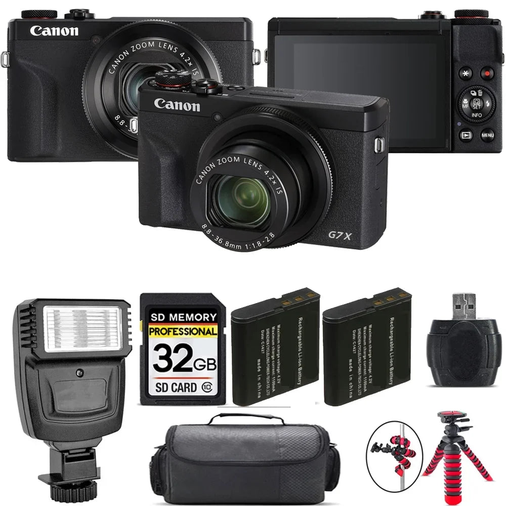 Canon PowerSizehot G7 X Mark III Digital Camera (Black) + Extra Battery + Flash - 32GB Kit