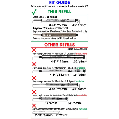 Jaymo Replacement for Montblanc 113777 - Measures 3.84 in / 97 mm Long - Capless Rollerball Pen Refill - 12 Black