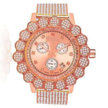 Men's Real Diamond Khronos Watch 14k Rose Gold Tone Big Face Flower Bezel Full Iced Out Band W/Date