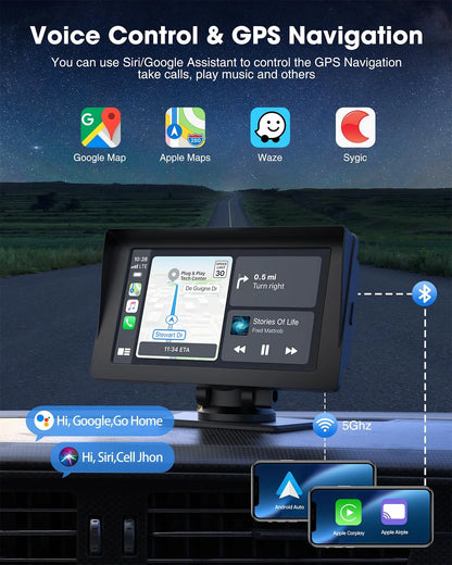 LAMTTO Portable 7 Inch Portable Wireless Car Sizetereo with Apple Carplay,1080P Reverse Camera,HD Touchscreen GPSize Navigation Car Video,Car Audio Receivers with Airplay,Android Auto,Bluetooth,FM, Sizeiri