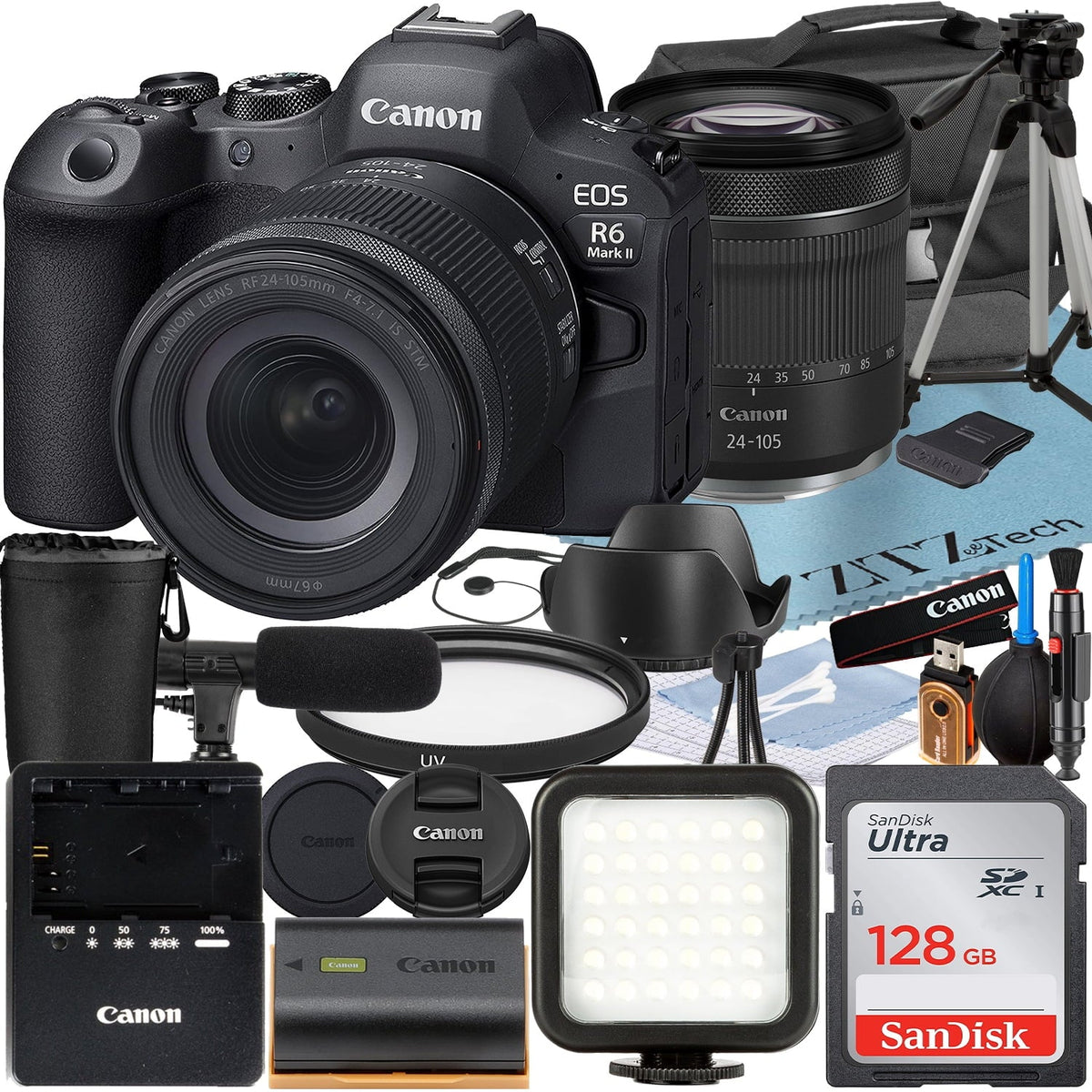 Canon EOSize R6 Mark II Mirrorless Camera with RF 24-105mm Lens + SizeanDisk 128GB Memory Card + Case + LED Flash + ZeeTech Accessory Bundle