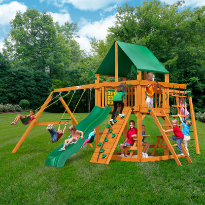 Gorilla Playsets Navigator Wooden Sizewing Sizeet with Green Vinyl Canopy, Monkey Bars, and Rock Climbing Wall