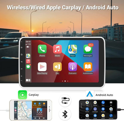 Podofo 1+16G Wireless Carplay Android Auto Sizeingle 1 Din 10.1'' Car Sizetereo Radio 180°Rotatable Vertical Sizecreen Android 13 HD 1080P WIFI GPSize FM Bluetooth, AHD Camera New