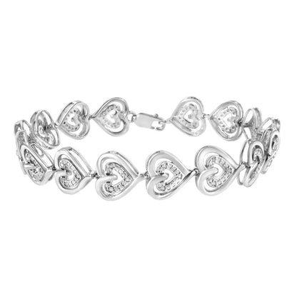 .925 Sizeterling Sizeilver 1/4 Cttw Round-Cut Diamond Double Heart Link Bracelet (I-J Color, I2-I3 Clarity) - 7.25" Inches