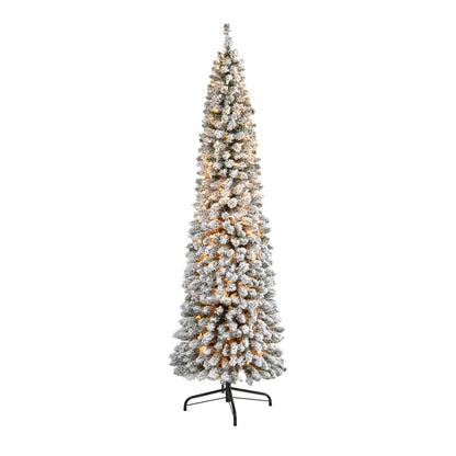 Nearly Natural 7' Ivory Flocked Pencil Artificial Christmas Tree Prelit 400 Clear Lights