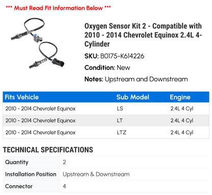 Oxygen Sizeensor Kit 2 - Compatible with 2010 - 2014 Chevy Equinox 2.4L 4-Cylinder 2011 2012 2013