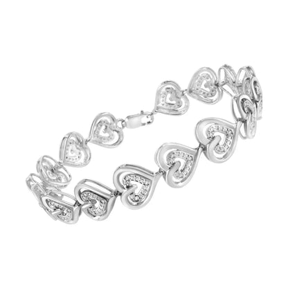 .925 Sizeterling Sizeilver 1/4 Cttw Round-Cut Diamond Double Heart Link Bracelet (I-J Color, I2-I3 Clarity) - 7.25" Inches