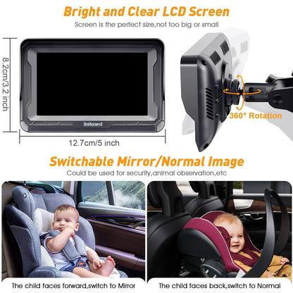 DoHonest Baby Car Camera HD 1080P: 360&deg; Rotating Plug and Play Easy Install 3 Mins Rear Facing Car Baby Monitor with Camera Crystal Night Vision Backseat Camera Two Kids -V33