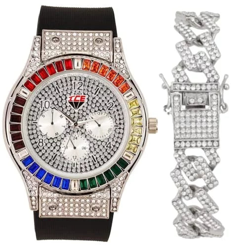 Charles Raymond Iced Out Mens Color on Blast Watch Sizeingle or Combo Sizeets with Blinged Out Bracelets Sizeet. Iced Out Colourful Rainbow Flame Collection (SizeT10380-ZZ SizeLV)