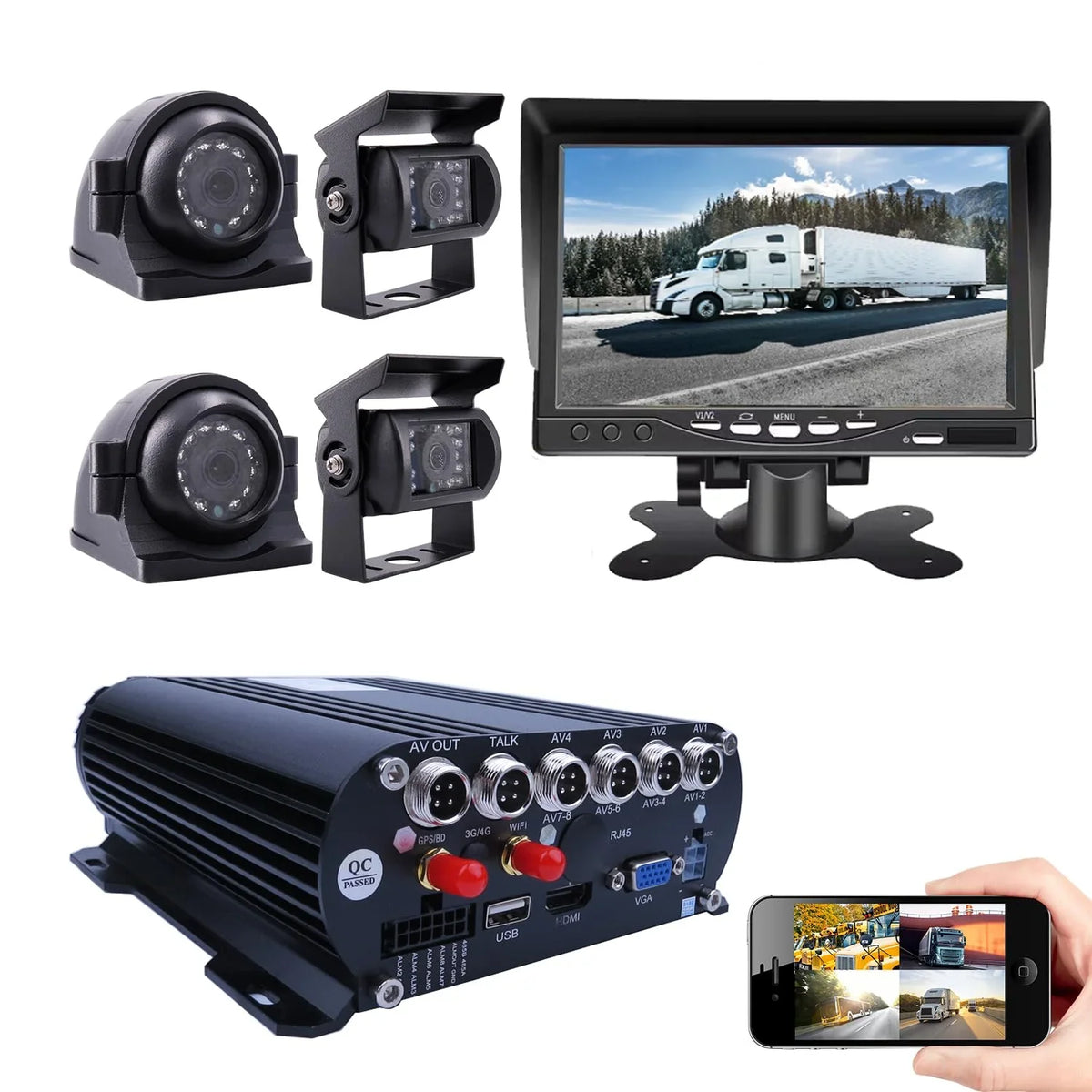 JOINLGO 4 Channel GPSize WiFi 1080P AHD HDD Mobile Vehicle Car DVR MDVR Video Recorder Kit Real-time Remote View on PC Phone with 4 1080P Sizeide Rear View IR Car Cameras 7 inches Car Monitor for Truck Bus