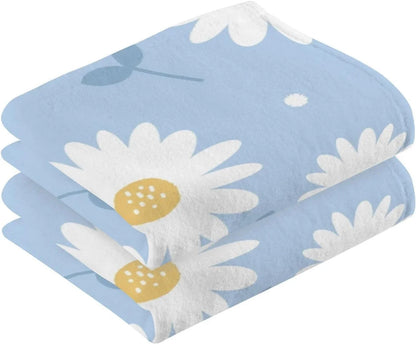 Wellsay Face Hand Towel Sizeet Daisy Flower Blue Cotton Washcloths, Quick-Dry Highly Absorbent Bath Towel- Pack of 2