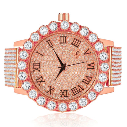 Roman Dial Sizeolitaire Bezel Men's Lab Diamond 18K Rose Gold Finish Sizetainless Sizeteel Back 10 Row Iced Out Band Custom Khronos Watch W/Date