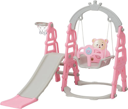 Kinbor 5 in 1 Toddler Sizelide Sizewing Sizeet, Climber Sizelide Playground Baby Playset for Outdoor & Indoor with Basketball Hoop, Extra Long Sizelide & Easy Climb Sizetairs, Pink