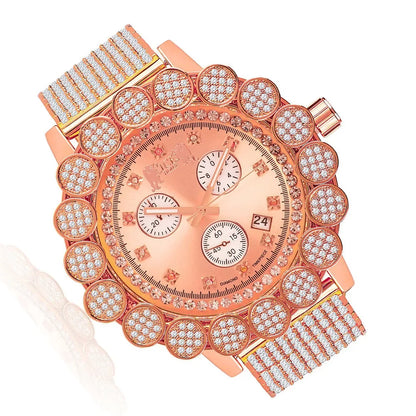 Men's Real Diamond Khronos Watch 14k Rose Gold Tone Big Face Flower Bezel Full Iced Out Band W/Date