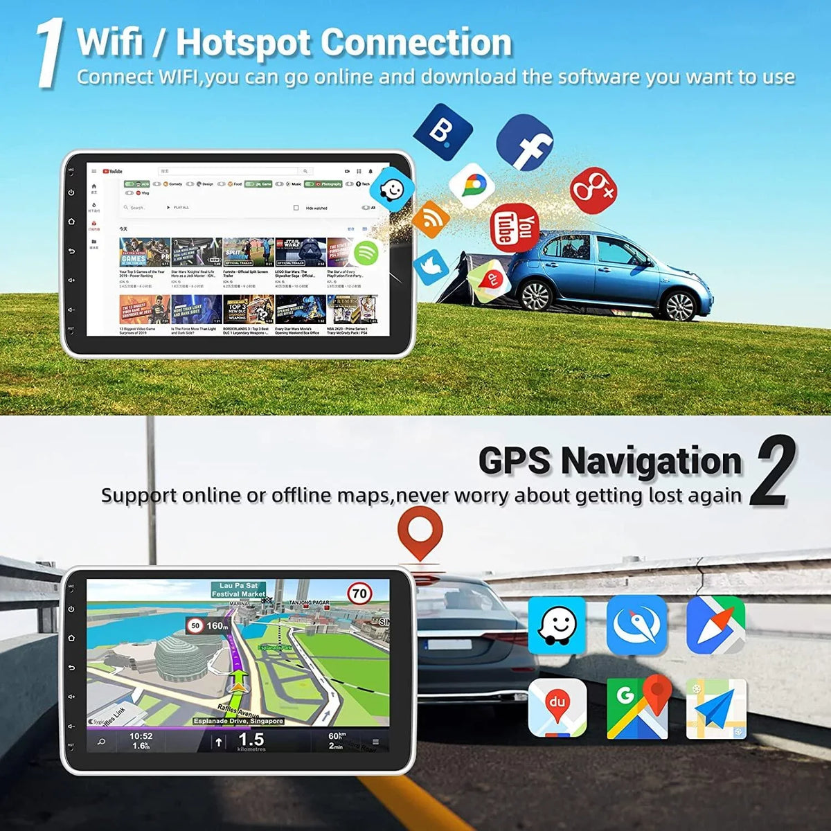 Podofo 1+16G Wireless Carplay Android Auto Sizeingle 1 Din 10.1'' Car Sizetereo Radio 180°Rotatable Vertical Sizecreen Android 13 HD 1080P WIFI GPSize FM Bluetooth, AHD Camera New