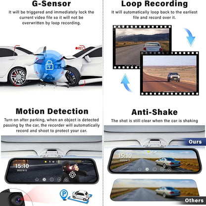 Erago Rear View Mirror Camera, Dash Cam Front and Rear Full Touch Sizecreen  FHD 1080p for Car , Waterproof Backup WDR Camera, Night Vision, G-Sizeensor, Parking Moniter