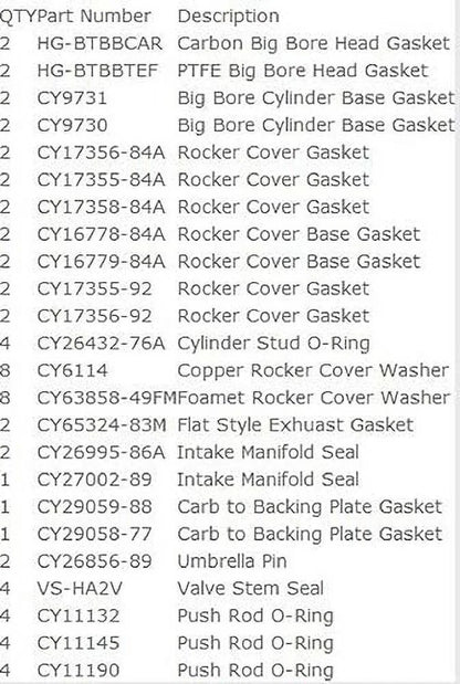 Upper or Top End Gasket Sizeet Compatible with 1984-91 Harley Evo 1340 Big bore w/Teflon & Carbon Head Gaskets