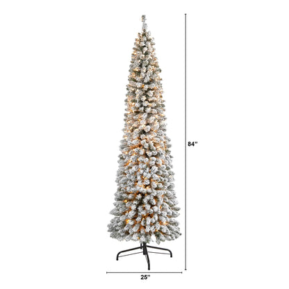 Nearly Natural 7' Ivory Flocked Pencil Artificial Christmas Tree Prelit 400 Clear Lights