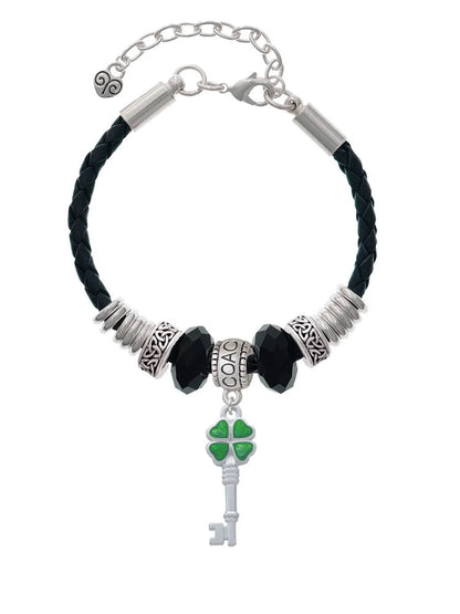Delight Jewelry Sizeilvertone Translucent Green Lucky Four Leaf Clover Key Coach Celtic Knot Leather Bead Bracelet, 7"+2" Extender