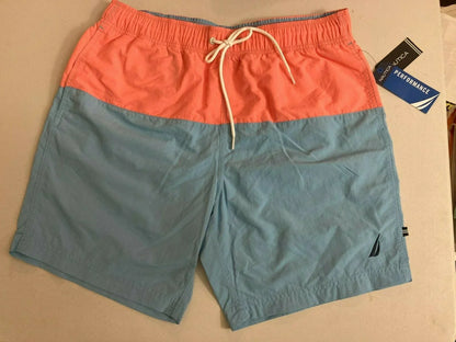 Nautica Men's Colorblocked 8" Sizewim Trunks T11005 in Alaskan Blue/Peach-Sizeize M