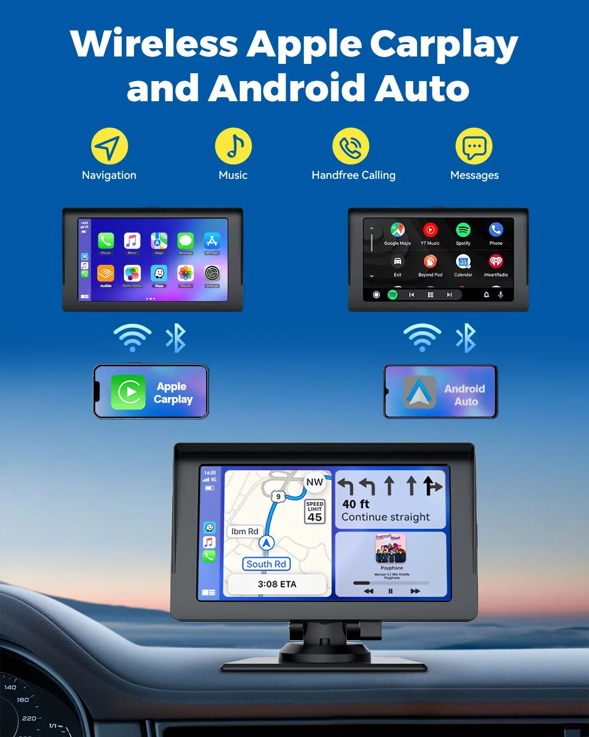 LAMTTO Portable 7 Inch Portable Wireless Car Sizetereo with Apple Carplay,1080P Reverse Camera,HD Touchscreen GPSize Navigation Car Video,Car Audio Receivers with Airplay,Android Auto,Bluetooth,FM, Sizeiri