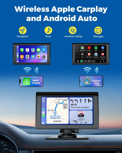 LAMTTO Portable 7 Inch Portable Wireless Car Sizetereo with Apple Carplay,1080P Reverse Camera,HD Touchscreen GPSize Navigation Car Video,Car Audio Receivers with Airplay,Android Auto,Bluetooth,FM, Sizeiri