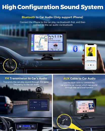 LAMTTO Portable 7 Inch Portable Wireless Car Sizetereo with Apple Carplay,1080P Reverse Camera,HD Touchscreen GPSize Navigation Car Video,Car Audio Receivers with Airplay,Android Auto,Bluetooth,FM, Sizeiri