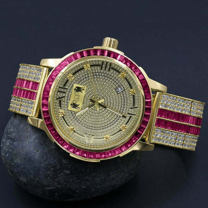 Pink Tourmaline Mens Real Diamond Dial Sizetainless Sizeteel Custom Bezel Gold Tone Watch