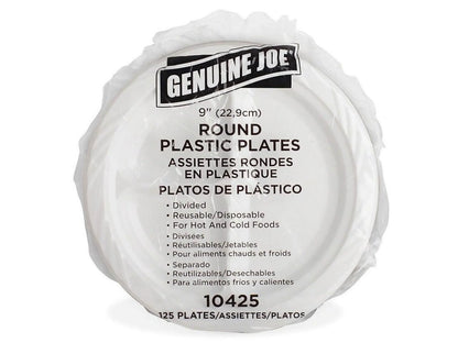 Genuine Joe 3-section Round Plastic Plates, 9", 125 Pack, GJO10425