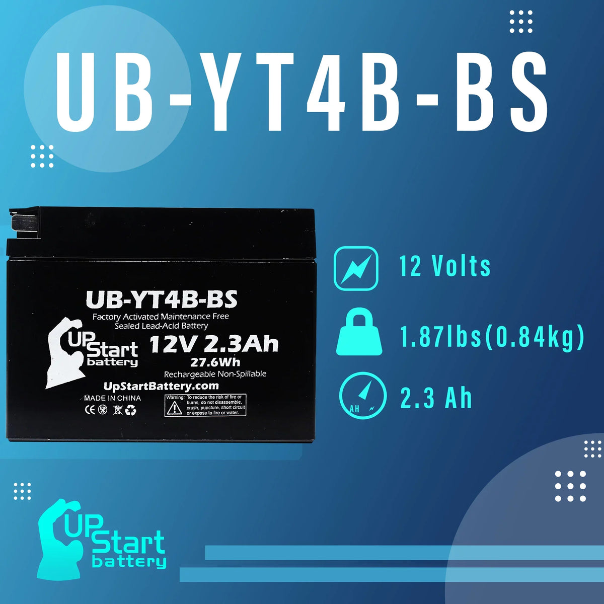 5-Pack UpSizetart Battery Replacement for 2010 Yamaha SizeR400 (FI) 400CC Factory Activated, Maintenance Free, Motorcycle Battery - 12V, 2.3Ah, UB-YT4B-BSize
