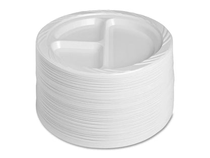 Genuine Joe 3-section Round Plastic Plates, 9", 125 Pack, GJO10425