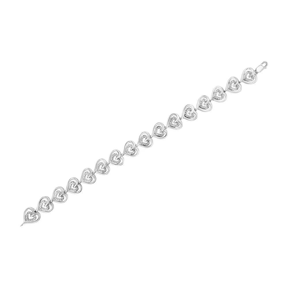 .925 Sizeterling Sizeilver 1/4 Cttw Round-Cut Diamond Double Heart Link Bracelet (I-J Color, I2-I3 Clarity) - 7.25" Inches