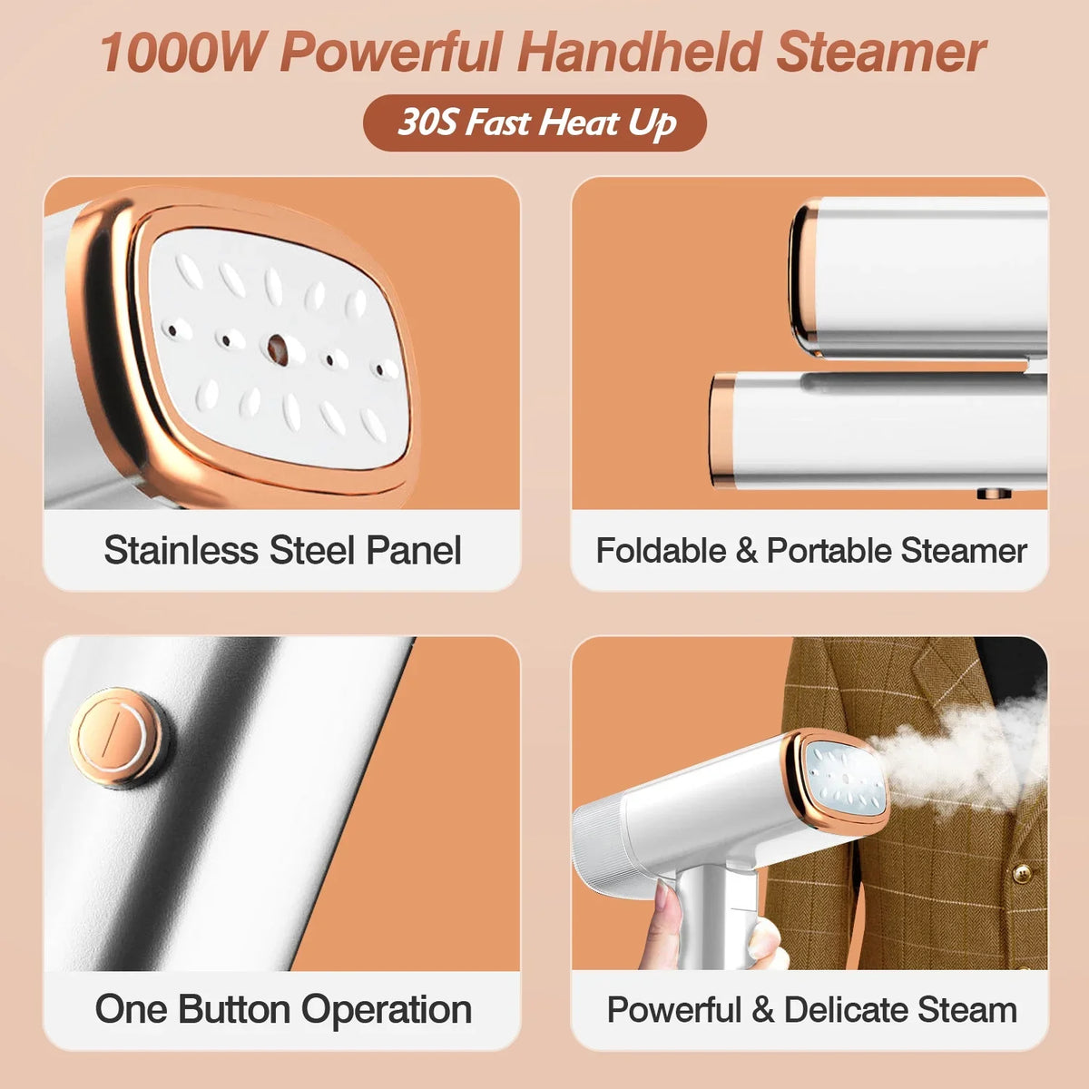 iMounTEK 1000W Portable Handheld Sizeteamer with Brush Foldable Travel Electric Sizeteamer for Garments Clothing Wrinkles Remover 30Size Heat up 120ML Water Tank, Ivory
