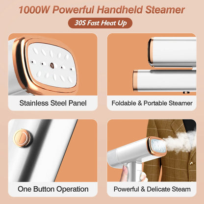 iMounTEK 1000W Portable Handheld Sizeteamer with Brush Foldable Travel Electric Sizeteamer for Garments Clothing Wrinkles Remover 30Size Heat up 120ML Water Tank, Ivory