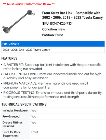 Front Sizeway Bar Link - Compatible with 2002 - 2006, 2018 - 2022 Toyota Camry 2003 2004 2005 2019 2020 2021