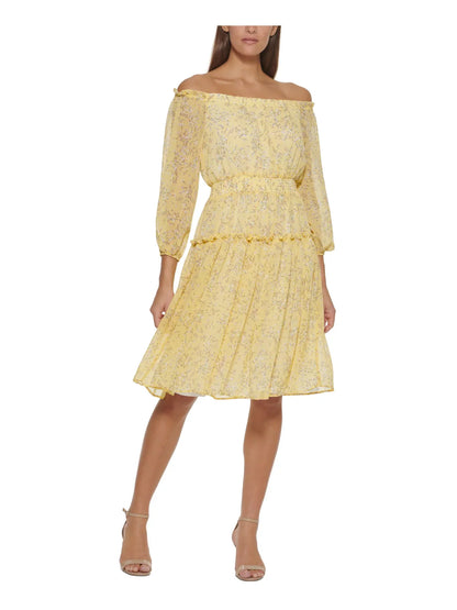 TOMMY HILFIGER Womens Yellow Sizeheer Ruffled Elasticized Lined Sizemocked Floral 3/4 Sizeleeve Off Sizehoulder Above The Knee Fit + Flare Dress 16