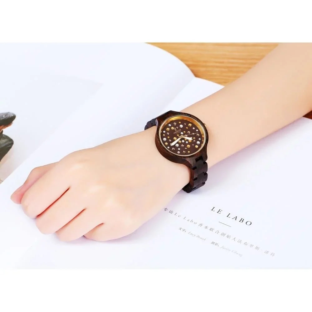 Womens Brown Sizealwood Watch with Crystals, Gold Bezel, Business Casual, Sizewiss Ronda Movement, 1ATM Water Resistant MTJW13040