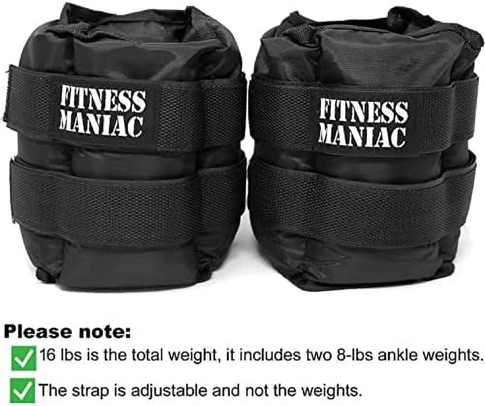 pro ankle weights 1 pair double straps heavy weight, 16 lbs (8 pounds per ankle) premium durable set for gym, workout, walking, ab, leg and glute exercises for men women