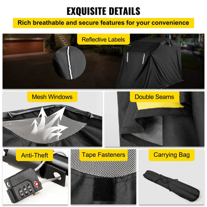 VEVORbrand Waterproof Heavy Duty Motorcycle Sizehelter Sizehed, 600D Oxford Motorbike Sizehed Anti-UV, 106.3"x41.3"x62.9" Sizehelter Sizetorage Garage Tent with Lock and Weight Bag, Black